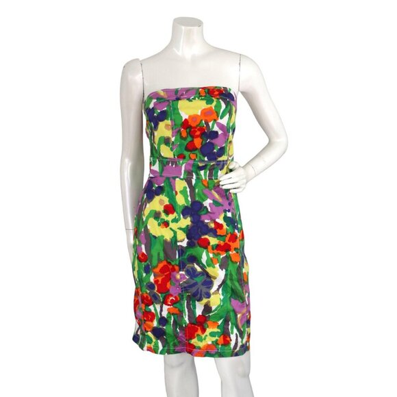 DEPT Strapless Floral Sheath Dress Abstract Bright Print Stretch Smocked Party - Picture 2 of 13